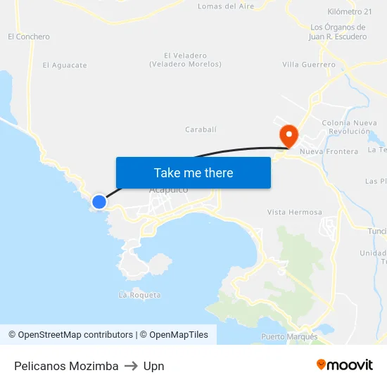 Pelicanos Mozimba to Upn map