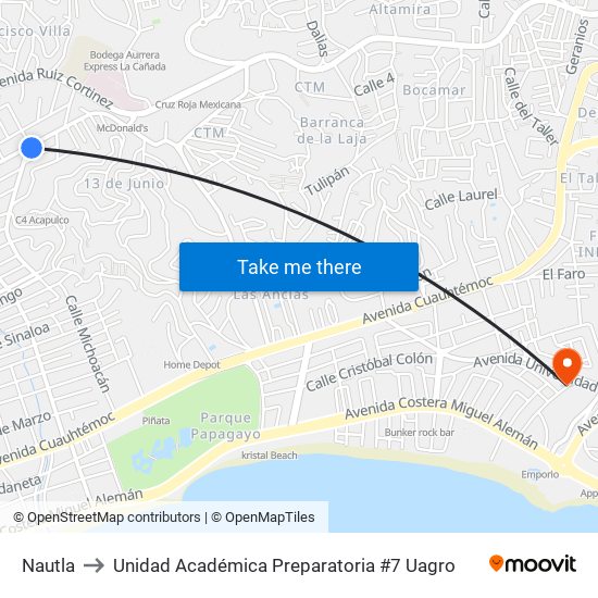 Nautla to Unidad Académica Preparatoria #7 Uagro map