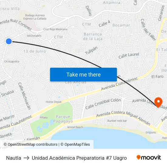 Nautla to Unidad Académica Preparatoria #7 Uagro map