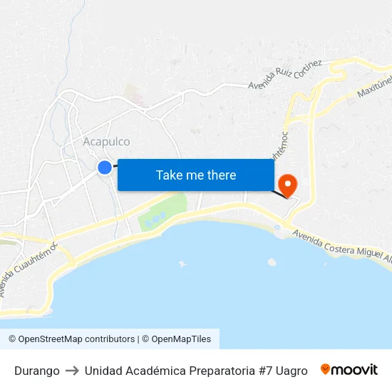 Durango to Unidad Académica Preparatoria #7 Uagro map