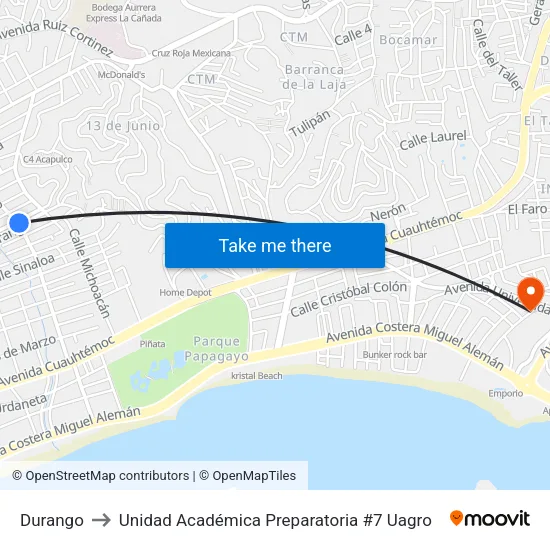 Durango to Unidad Académica Preparatoria #7 Uagro map