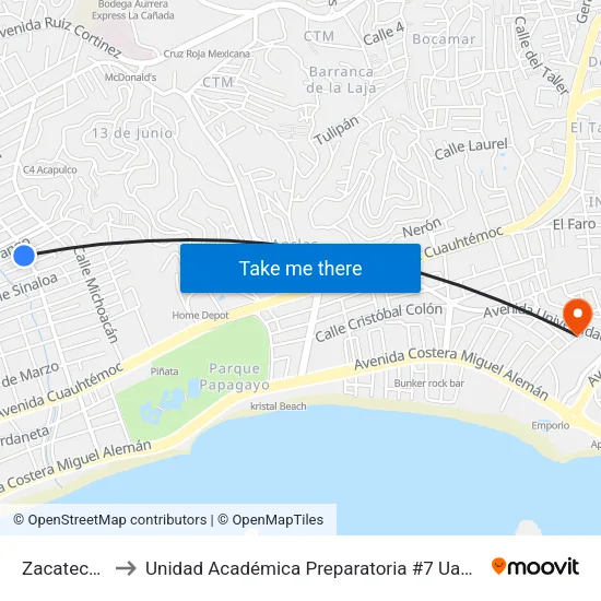 Zacatecas to Unidad Académica Preparatoria #7 Uagro map