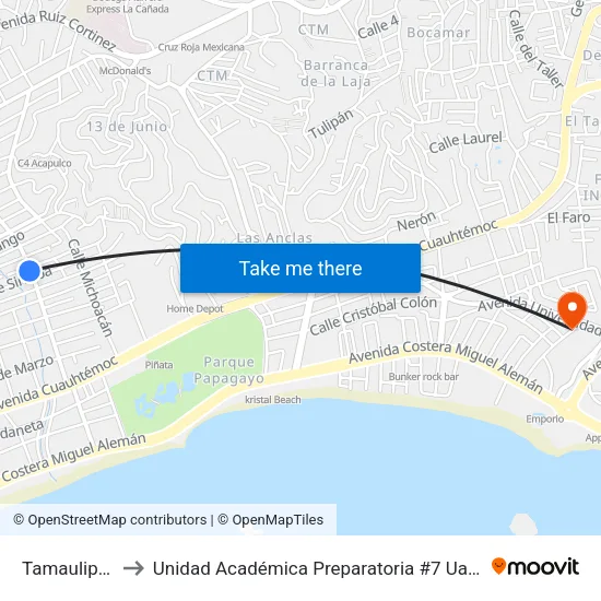 Tamaulipas to Unidad Académica Preparatoria #7 Uagro map
