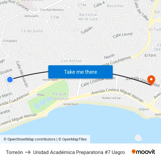 Torreón to Unidad Académica Preparatoria #7 Uagro map