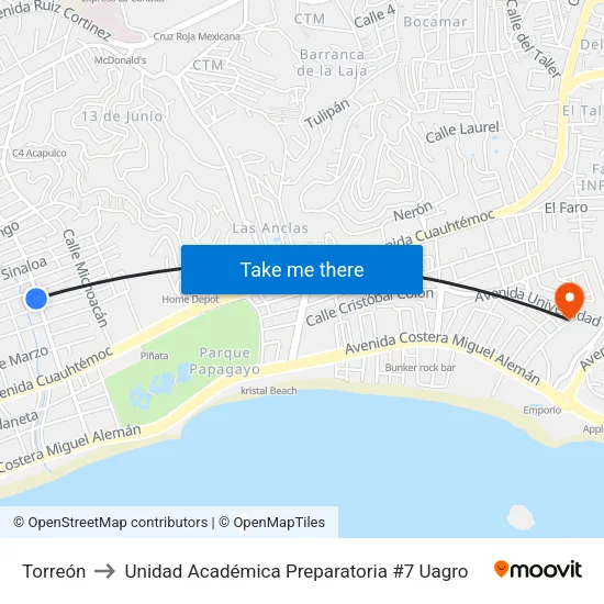Torreón to Unidad Académica Preparatoria #7 Uagro map