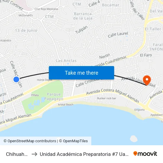 Chihuahua to Unidad Académica Preparatoria #7 Uagro map