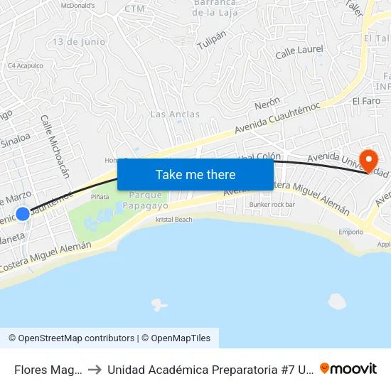 Flores Magón to Unidad Académica Preparatoria #7 Uagro map