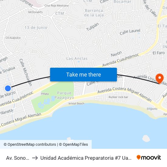 Av. Sonora to Unidad Académica Preparatoria #7 Uagro map