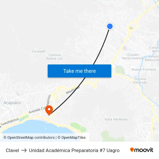 Clavel to Unidad Académica Preparatoria #7 Uagro map