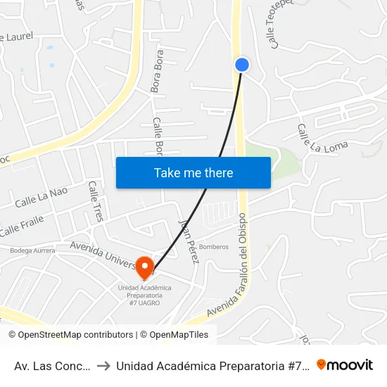 Av. Las Conchas to Unidad Académica Preparatoria #7 Uagro map