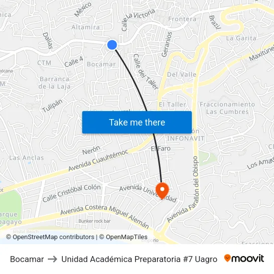 Bocamar to Unidad Académica Preparatoria #7 Uagro map