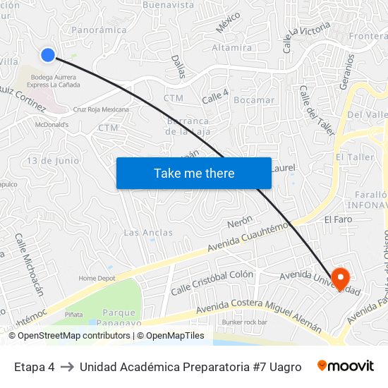 Etapa 4 to Unidad Académica Preparatoria #7 Uagro map