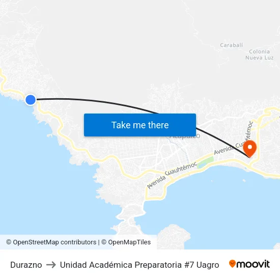 Durazno to Unidad Académica Preparatoria #7 Uagro map