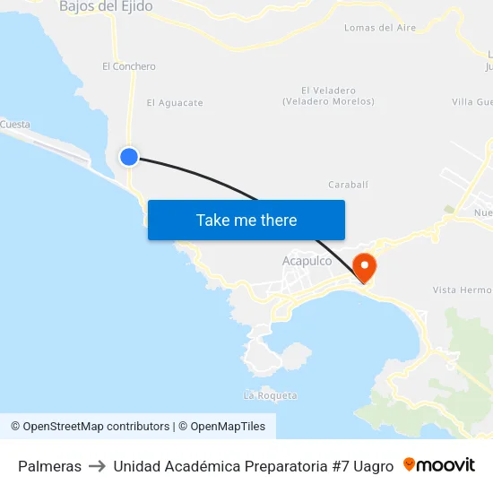 Palmeras to Unidad Académica Preparatoria #7 Uagro map
