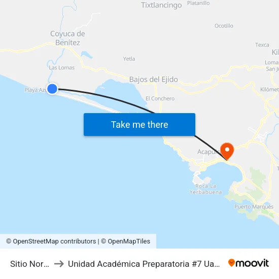 Sitio Norte to Unidad Académica Preparatoria #7 Uagro map