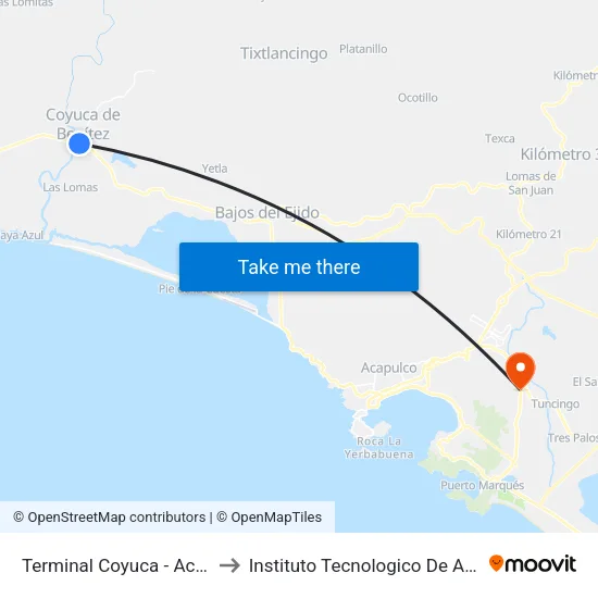 Terminal Coyuca - Acapulco to Instituto Tecnologico De Acapulco map