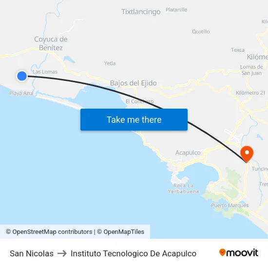 San Nicolas to Instituto Tecnologico De Acapulco map