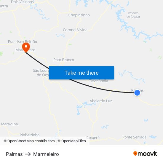 Palmas to Marmeleiro map
