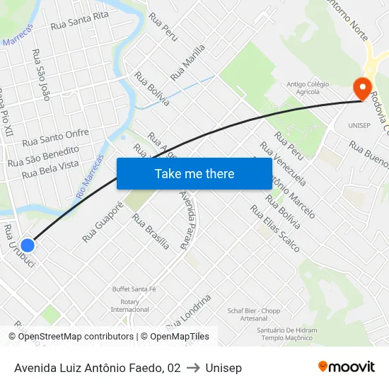 Avenida Luiz Antônio Faedo, 02 to Unisep map