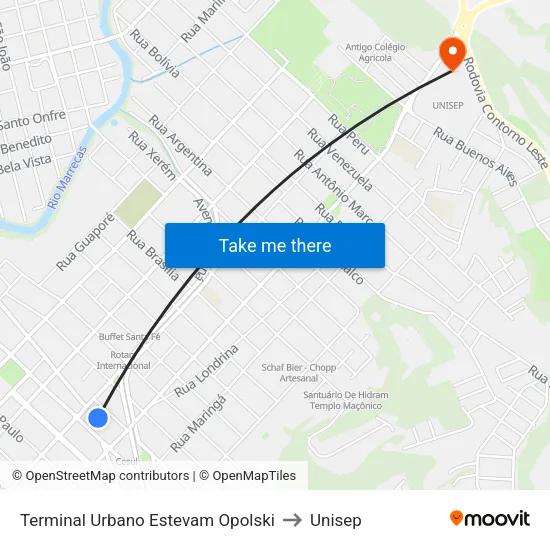 Terminal Urbano Estevam Opolski to Unisep map