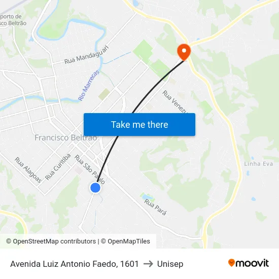 Avenida Luiz Antonio Faedo, 1601 to Unisep map