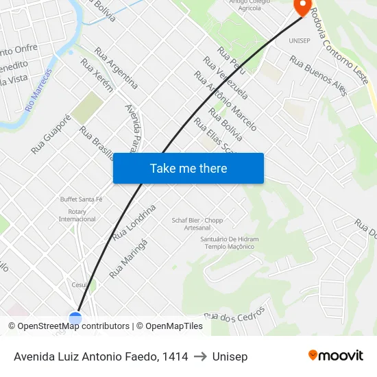 Avenida Luiz Antonio Faedo, 1414 to Unisep map