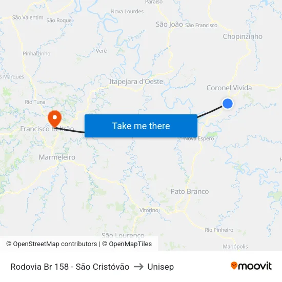 Rodovia Br 158 - São Cristóvão to Unisep map