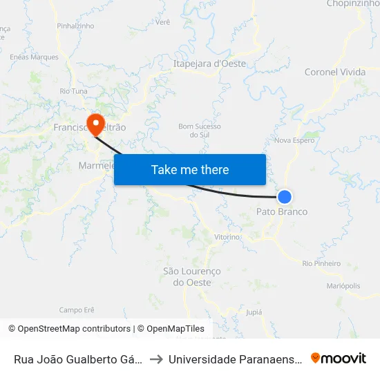 Rua João Gualberto Gáspar, 23 to Universidade Paranaense Unipar map