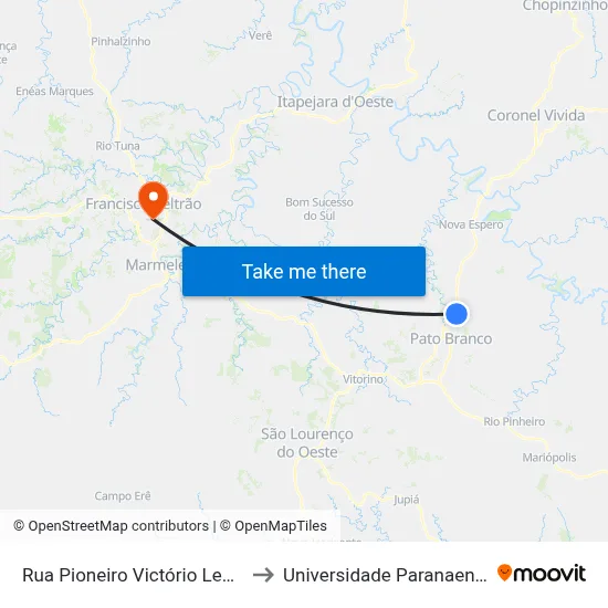 Rua Pioneiro Victório Leonardi, 397 to Universidade Paranaense Unipar map