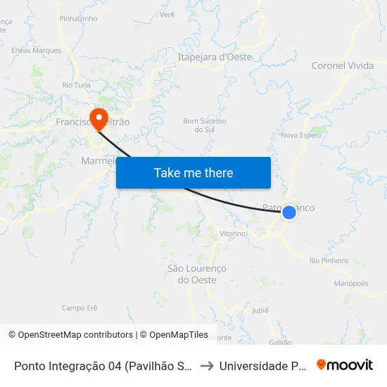Ponto Integração 04 (Pavilhão São Pedro) - Rua Tocantins, 2260 to Universidade Paranaense Unipar map