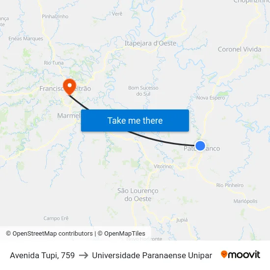 Avenida Tupi, 759 to Universidade Paranaense Unipar map