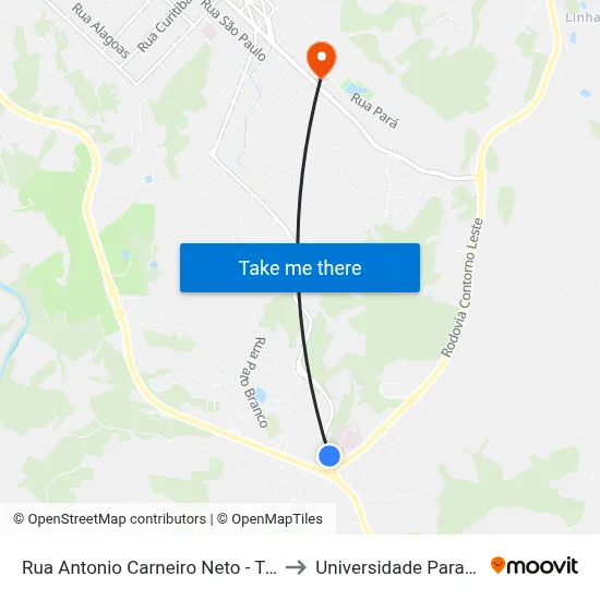 Rua Antonio Carneiro Neto - Trevo Contorno Leste to Universidade Paranaense Unipar map