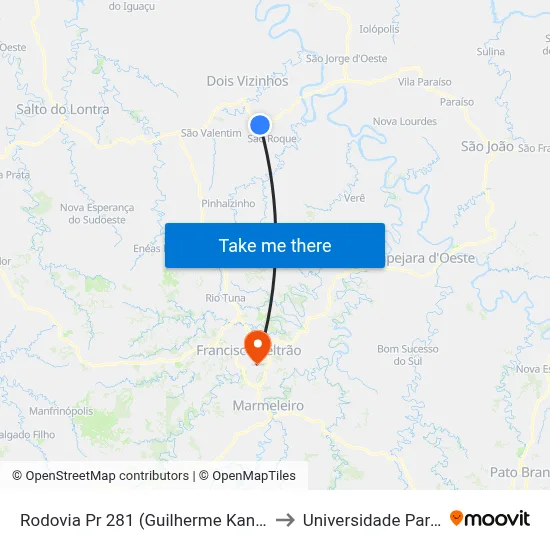 Rodovia Pr 281 (Guilherme Kantor) - Biesek Pré-Moldados to Universidade Paranaense Unipar map