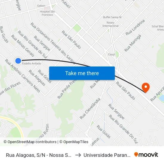 Rua Alagoas, S/N - Nossa Senhora Aparecida to Universidade Paranaense Unipar map
