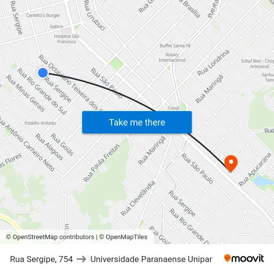 Rua Sergipe, 754 to Universidade Paranaense Unipar map