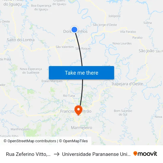 Rua Zeferino Vitto, 20 to Universidade Paranaense Unipar map