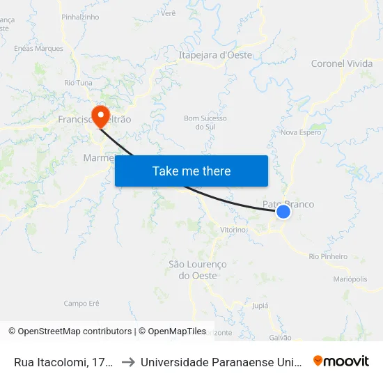 Rua Itacolomi, 1721 to Universidade Paranaense Unipar map