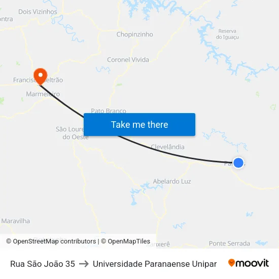 Rua São João 35 to Universidade Paranaense Unipar map