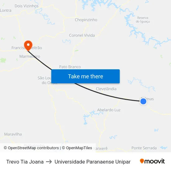Trevo Tia Joana to Universidade Paranaense Unipar map