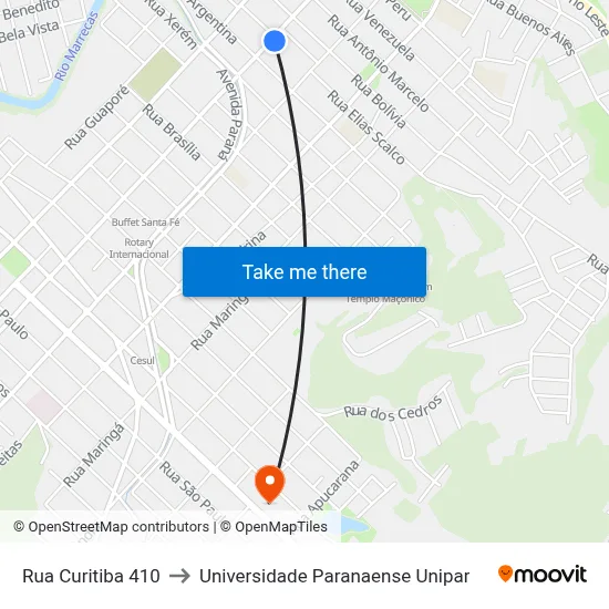 Rua Curitiba 410 to Universidade Paranaense Unipar map
