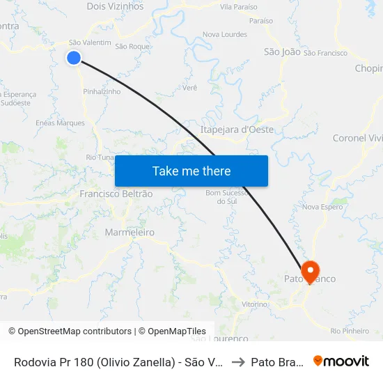 Rodovia Pr 180 (Olivio Zanella) - São Valentim to Pato Branco map