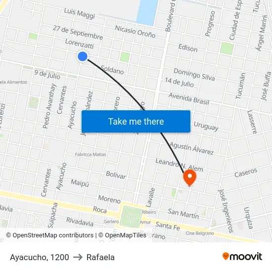 Ayacucho, 1200 to Rafaela map