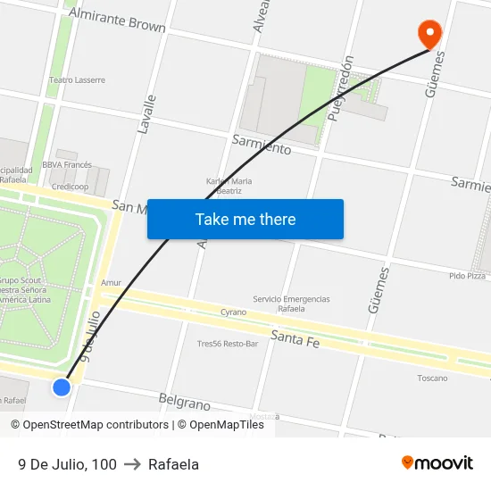 9 De Julio, 100 to Rafaela map