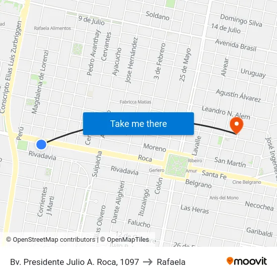 Bv. Presidente Julio A. Roca, 1097 to Rafaela map
