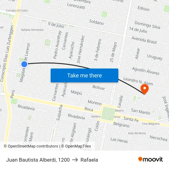 Juan Bautista Alberdi, 1200 to Rafaela map