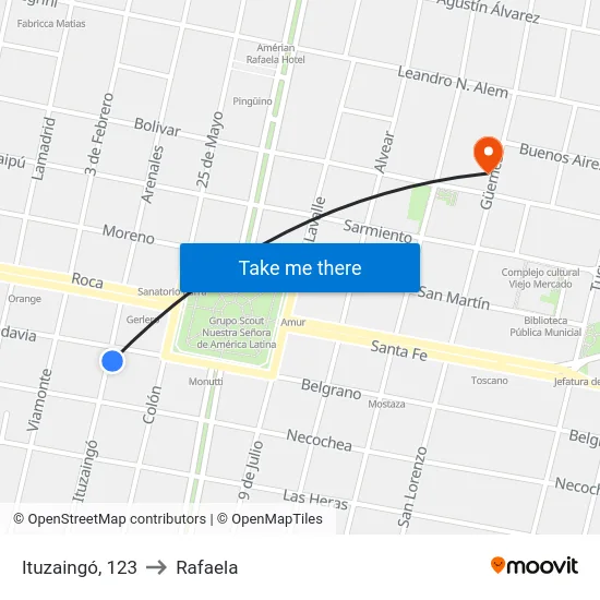 Ituzaingó, 123 to Rafaela map