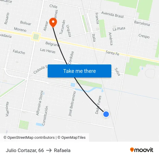 Julio Cortazar, 66 to Rafaela map