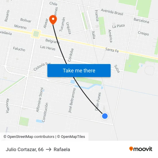 Julio Cortazar, 66 to Rafaela map