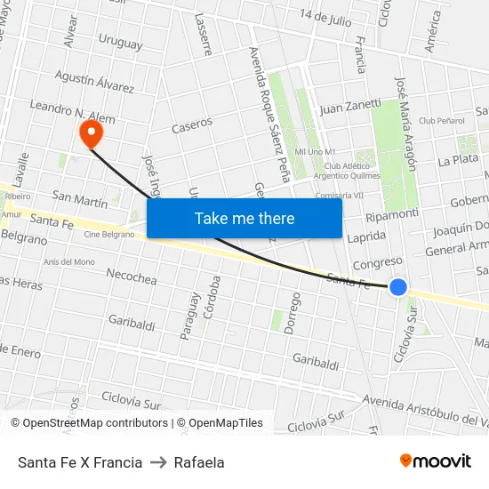 Santa Fe X Francia to Rafaela map