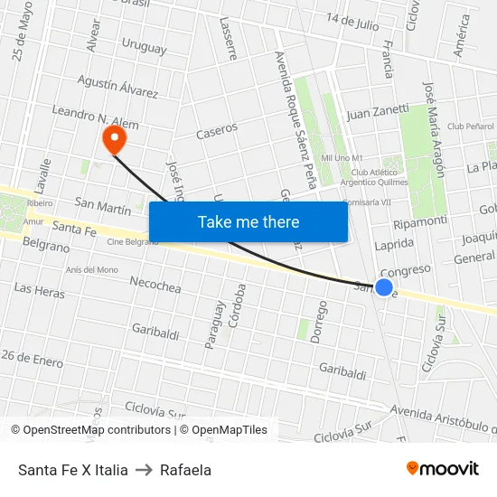 Santa Fe X Italia to Rafaela map